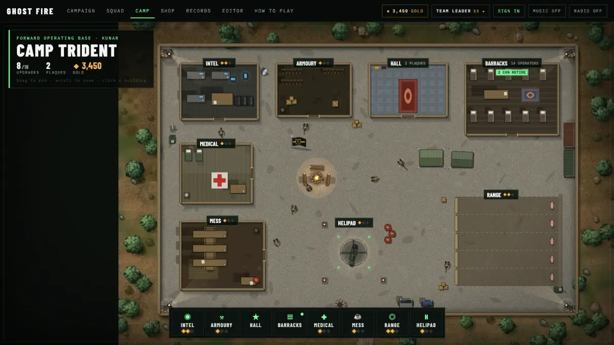 Camp Trident from above: intel, armoury, hall, barracks, medical, mess, range and helipad.