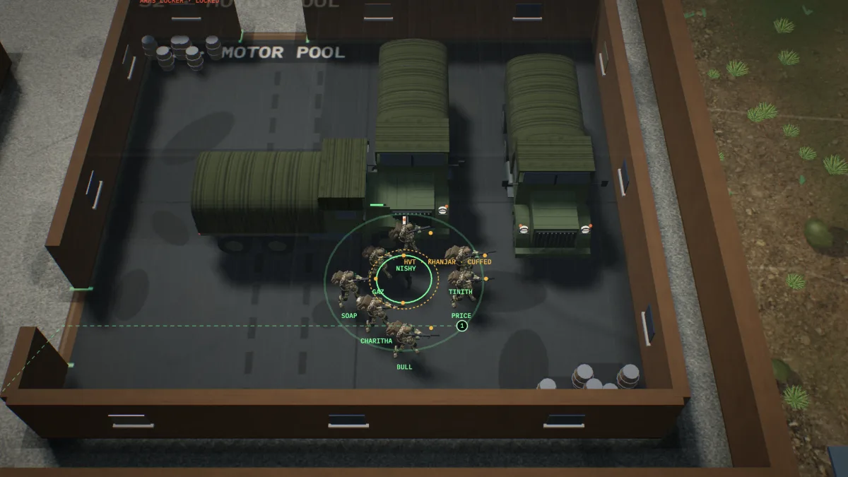 The squad around the cuffed HVT Khanjar inside the motor pool after the fight.