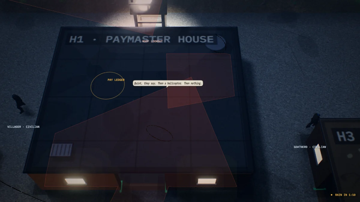 Guards talking inside the paymaster house at night, one saying “Quiet. They say. Then a helicopter.”