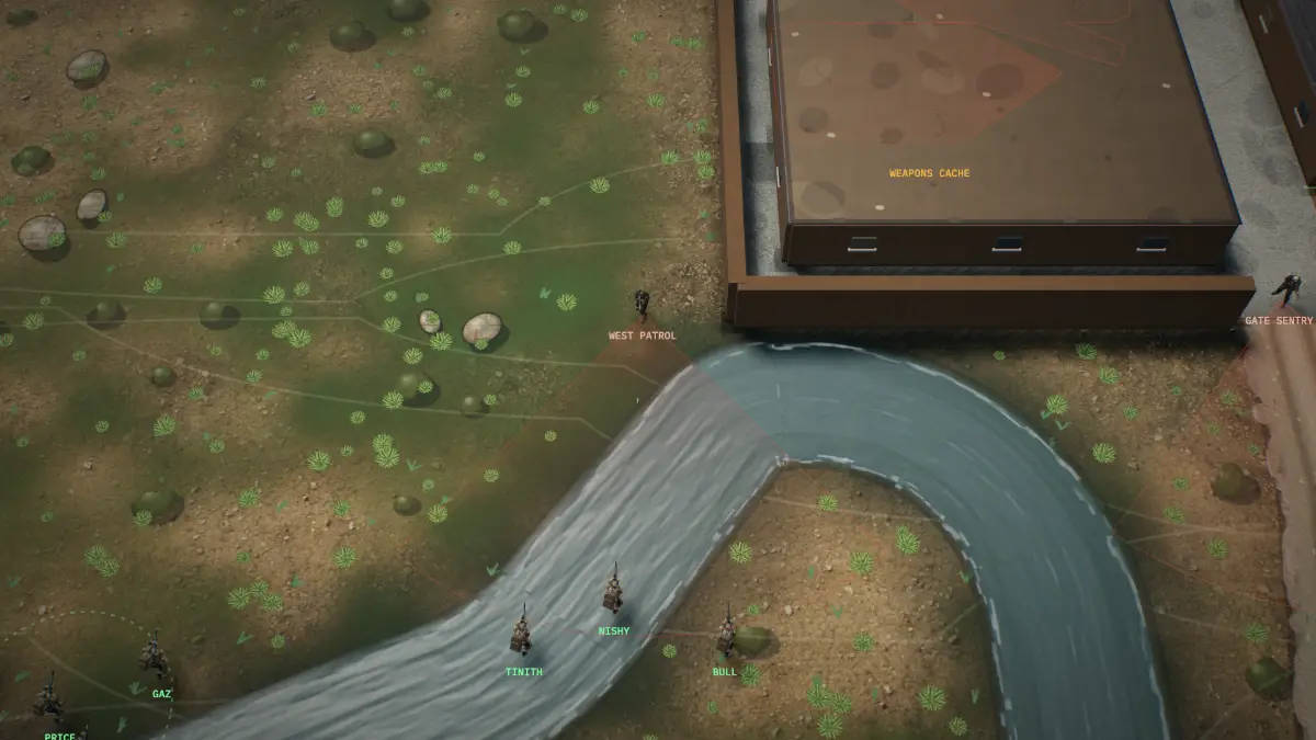 A claymore’s blast arc on a riverside path with a patrol walking into it.