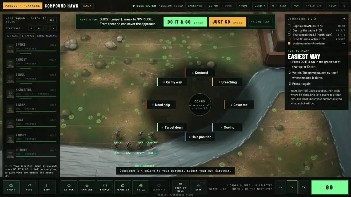 The quick comms radial: Contact, Breaching, Cover me, Moving, Hold position, Target down, Need help, On my way.