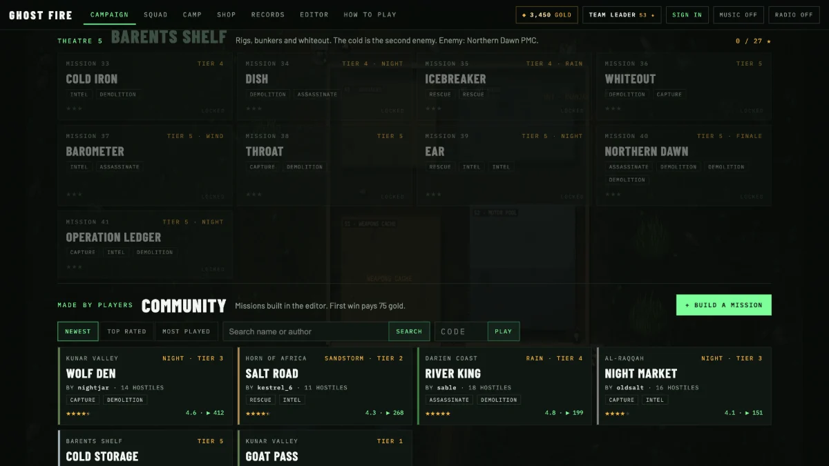 The community missions grid with player-made missions, authors, star ratings and play counts.