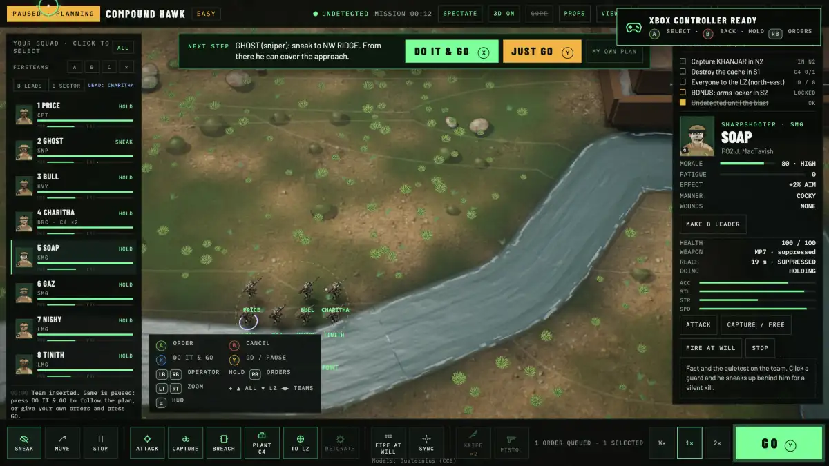 The HUD with “Xbox controller ready” and button glyph hints for every action.