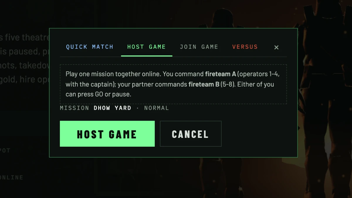 The co-op window with Quick Match, Host Game and Join Game tabs and a HOST GAME button.