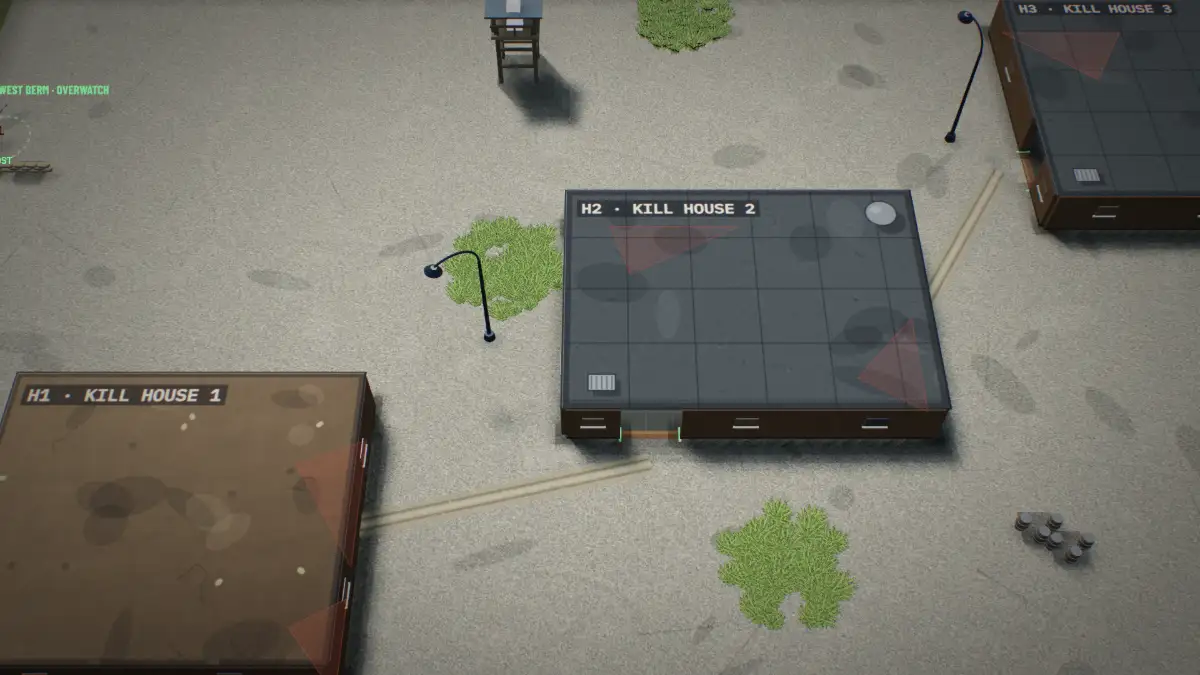 The breach and clear course: three kill houses in a training yard with an overwatch post and an LZ.