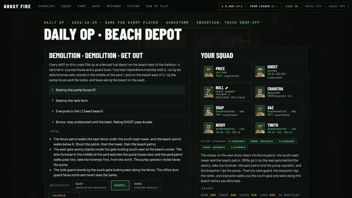 The Daily Op briefing: “Daily Op · Holdout”, same for every player.