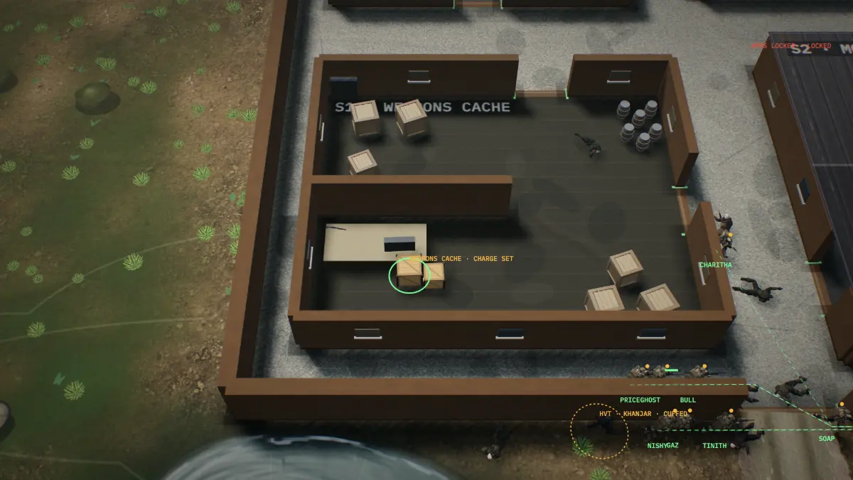 A weapons cache going up in a ring of fire inside the compound while the squad pulls out with the captured HVT.