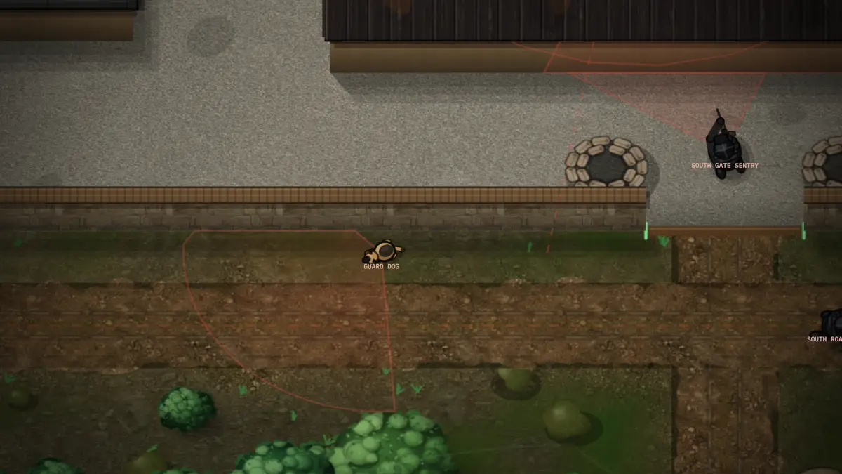 A guard dog patrolling the edge of a yard near the south gate sentry.