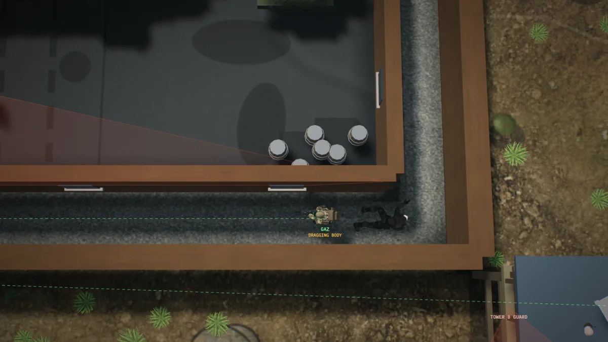 Gaz dragging a body along the motor pool wall toward cover, marked “Dragging body”.