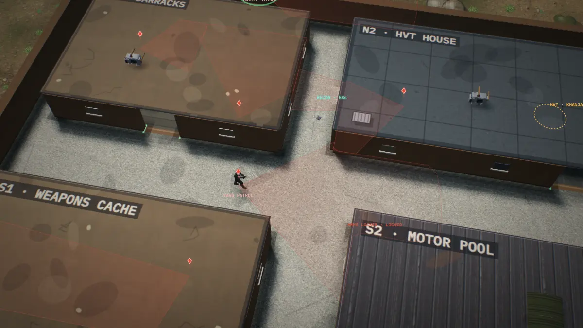 The recon drone over the compound with its scan circle and tagged hostiles inside.