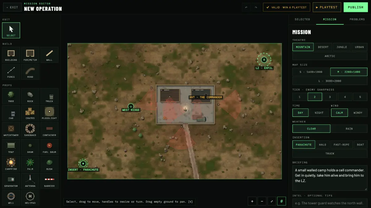 The mission editor with the build palette, a starter compound on the map and the mission settings panel.