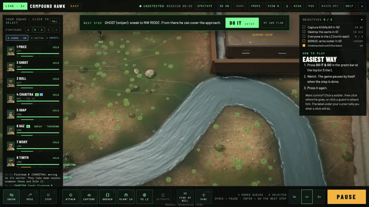 Fireteam B moving to its sector, marked with a flag and a dashed circle, while the rest of the squad waits.