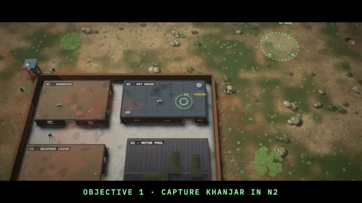The flyover camera above the compound with the caption “Objective 1 · Capture Khanjar in N2”.