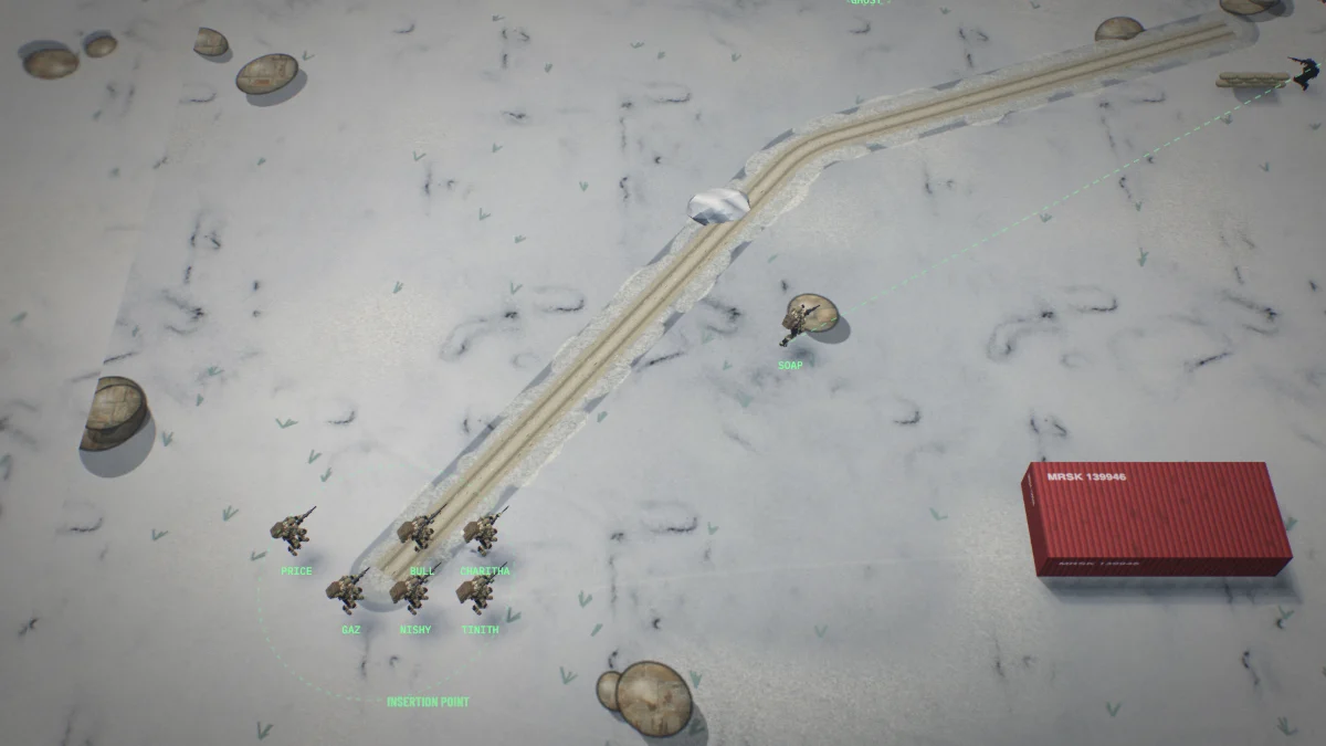 An Arctic whiteout with the squad advancing toward a radar hut and only a few hostiles visible.