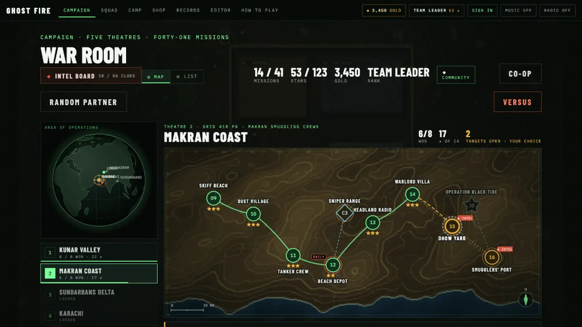 The campaign map: a globe on the left and a theatre map with linked mission nodes, stars and intel markers.