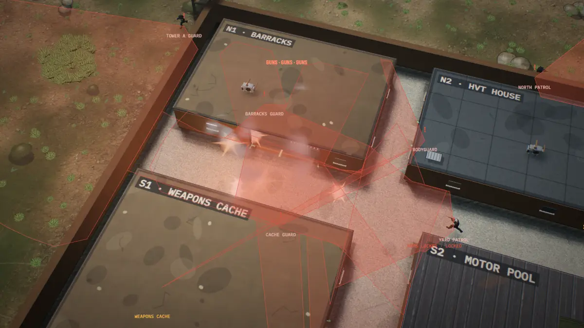 An AC-130 gunship firing tracers into the barracks yard of the compound.