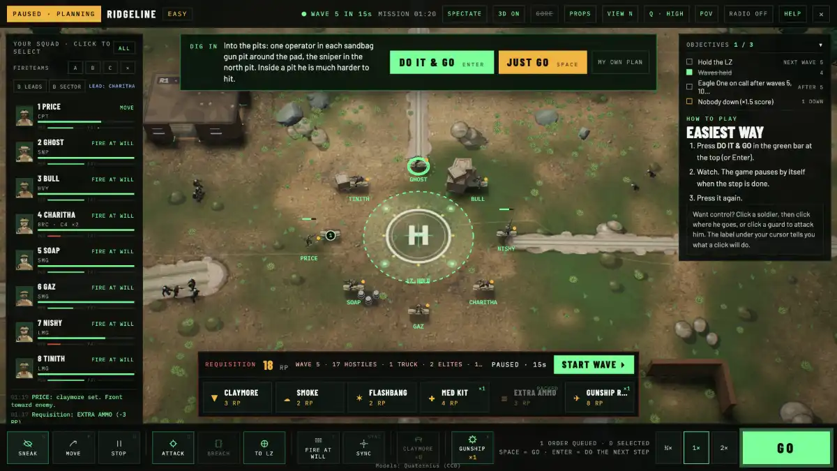 The requisition strip between waves with claymore, smoke, flashbang, med kit, extra ammo and gunship options.
