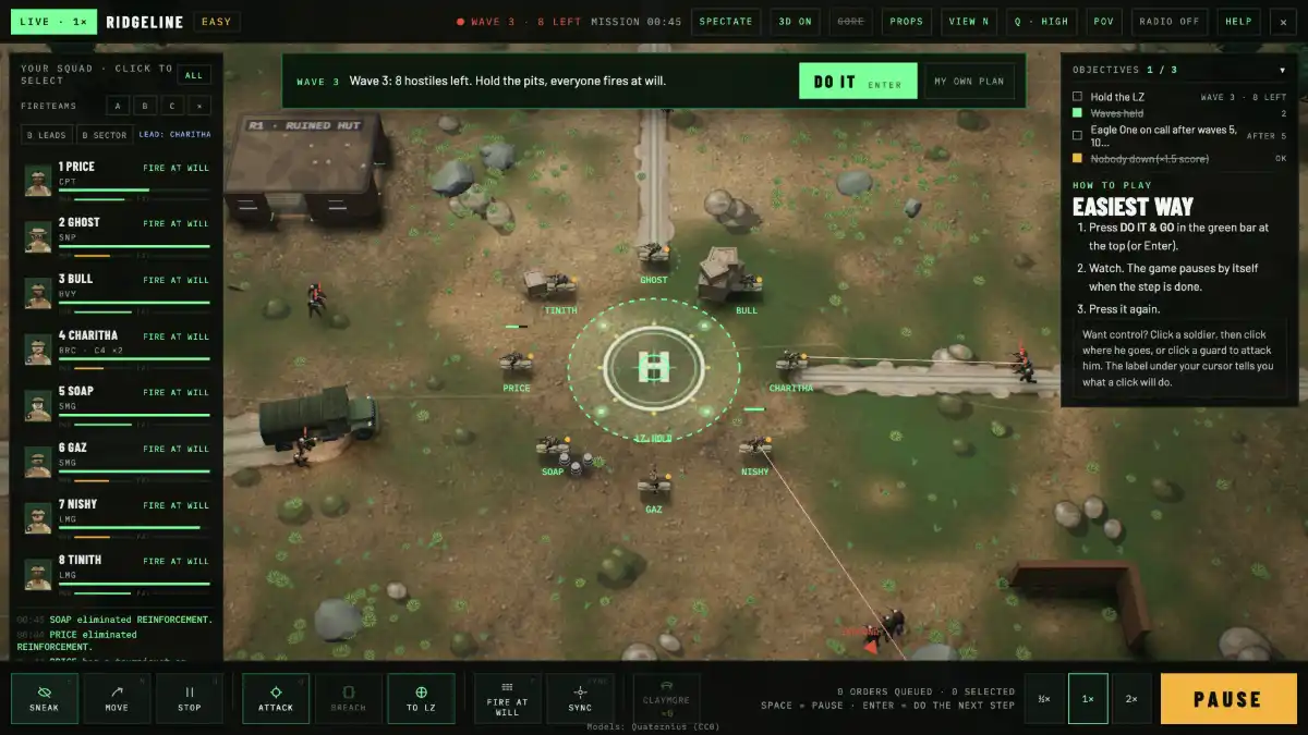 Hold the LZ: the squad in sandbag pits ringing the landing pad while wave 3 attacks from the edges.