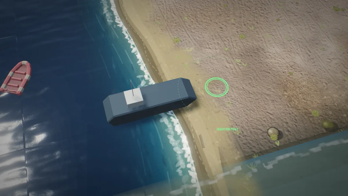A rigid inflatable boat landing on a sandy beach next to the insertion point marker.