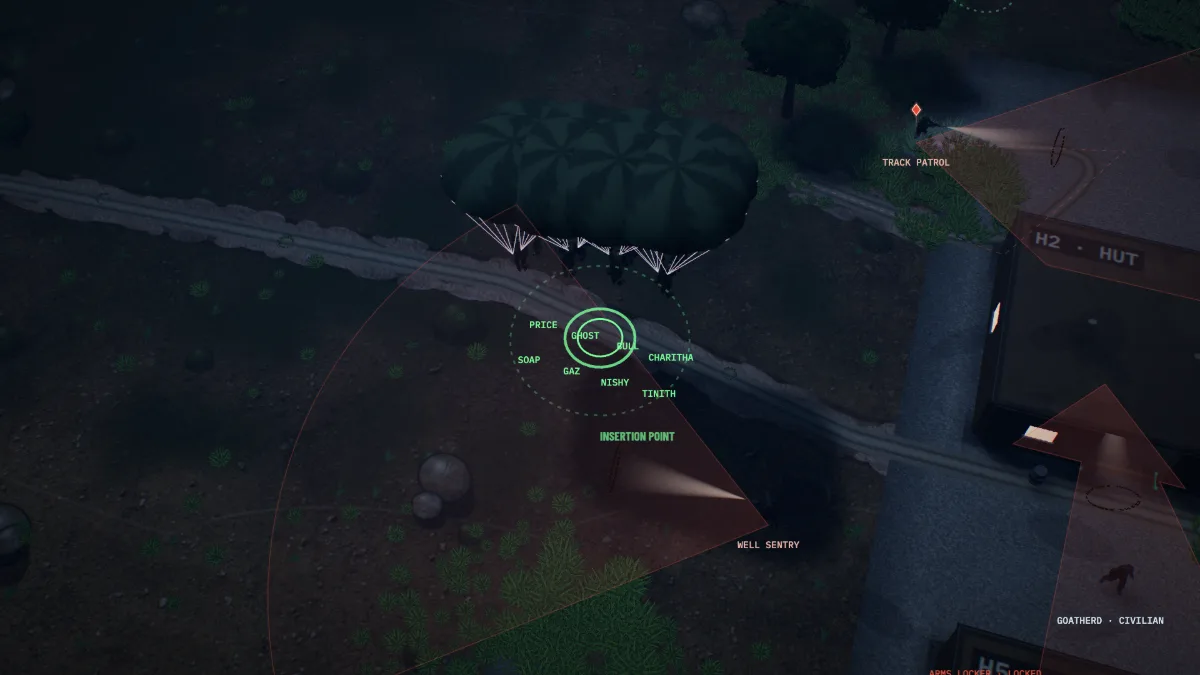 A night HALO jump on night vision: four canopies over the insertion point near a hut and a goat pen.