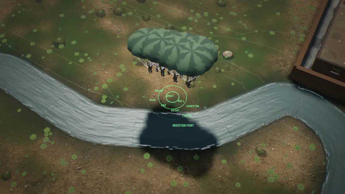 Eight parachutes coming down on the insertion point beside a river, with every operator’s callsign under the drop.