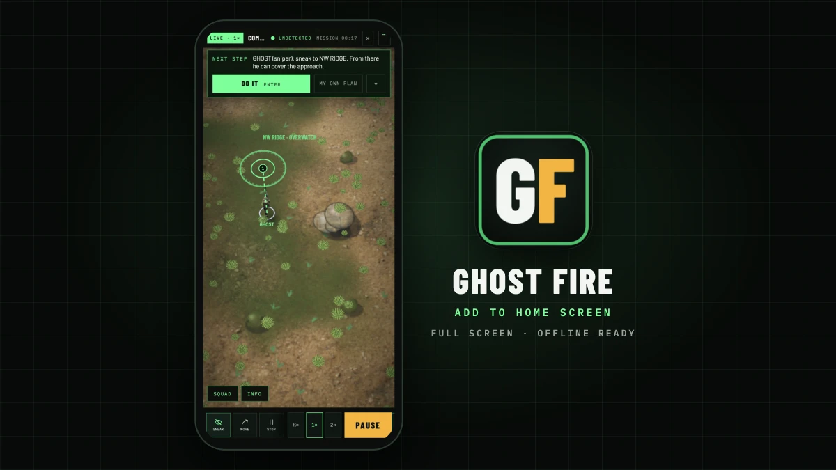 A phone running Ghost Fire next to the app icon and “Add to home screen”.