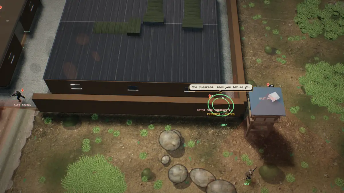 A cuffed prisoner saying “Please. I tell you where they are.” while nearby hostiles are tagged with red markers.