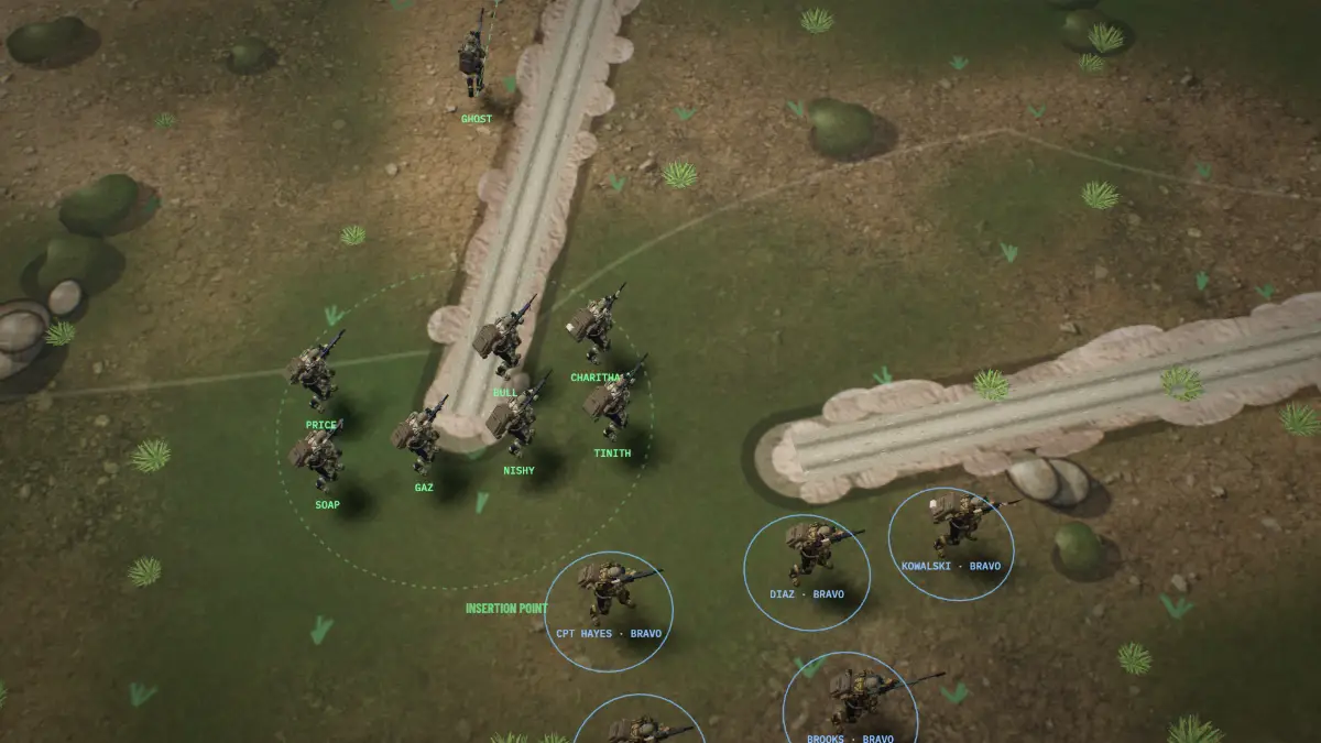 Price’s eight operators at the insertion point with five Bravo team operators ringed in blue beside them.