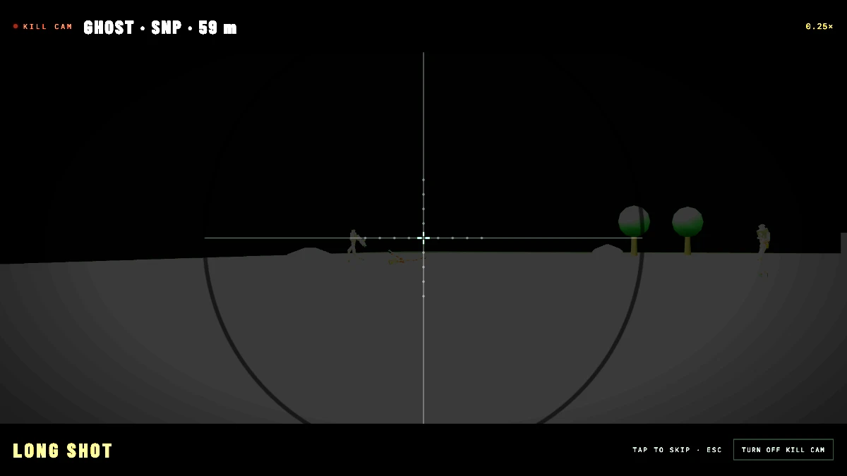 The kill cam through a sniper scope: “Ghost · SNP · 59 m”, “Long shot”.
