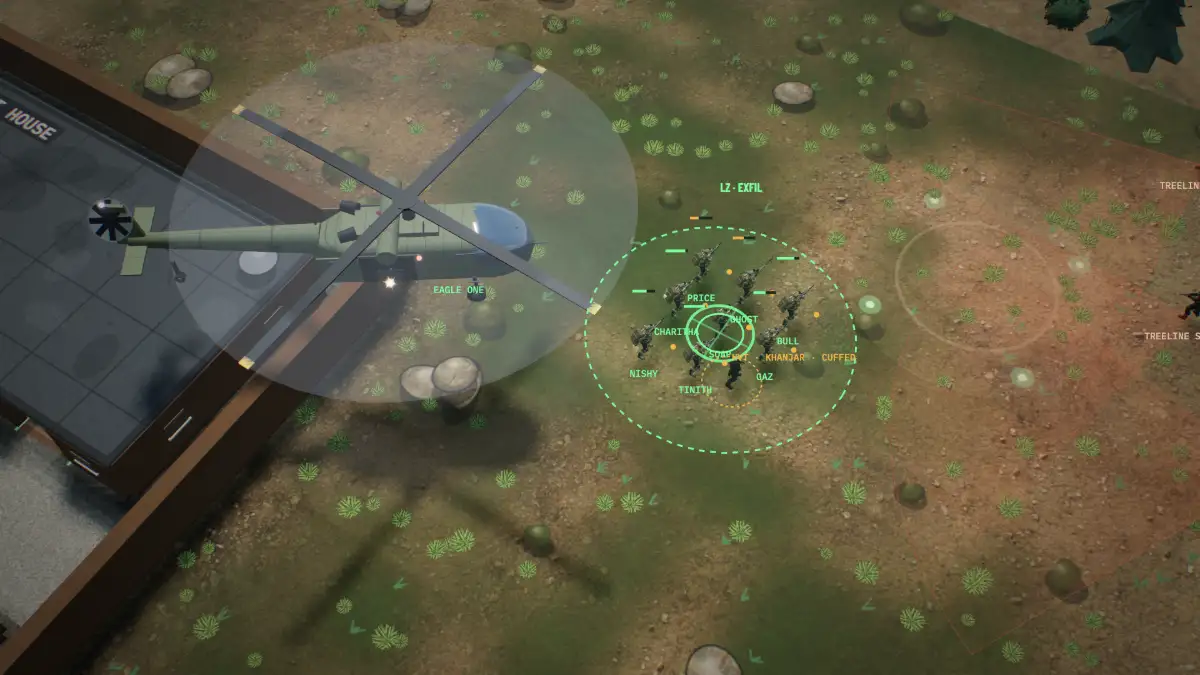 The helicopter lifting off from the LZ with the whole team aboard.