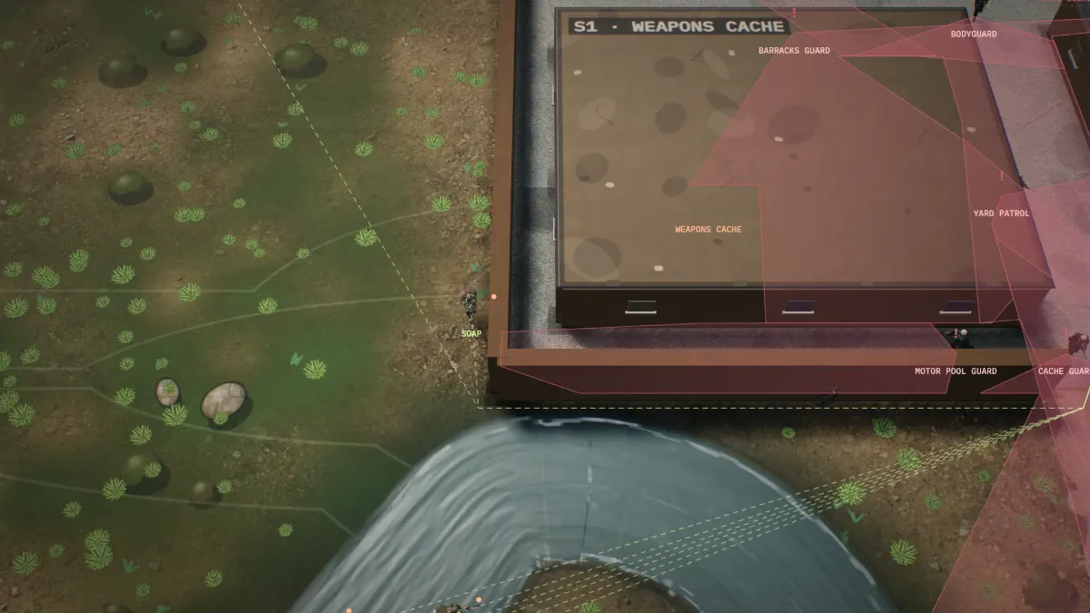 A firefight at the compound wall in red alarm light, the squad shooting from the riverbank.