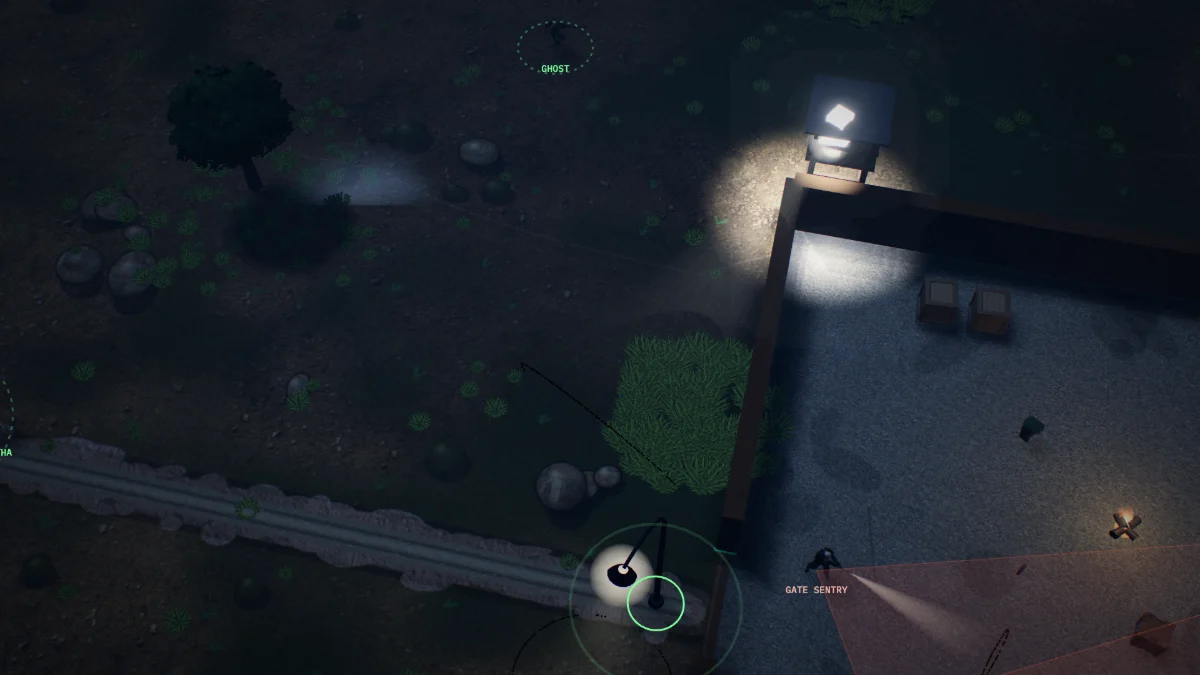A night mission in green night vision with flood lights, the squad at the insertion point and the sniper on the ridge.
