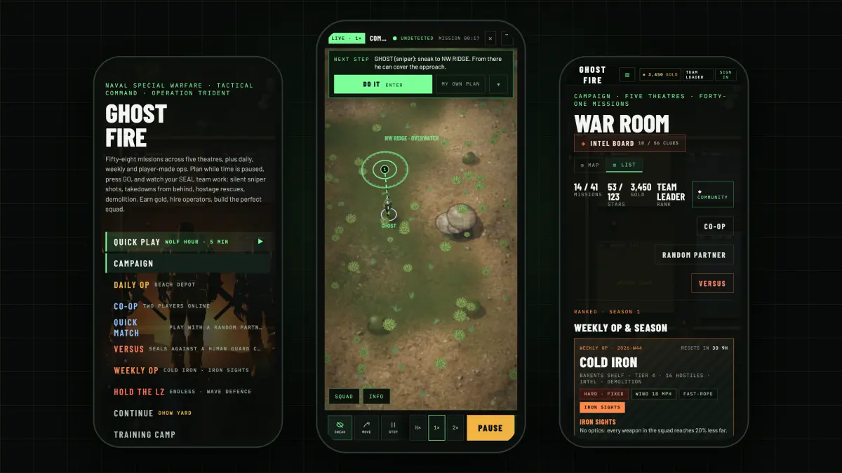 Three phones showing the title screen, a mission with the touch HUD and the war room.
