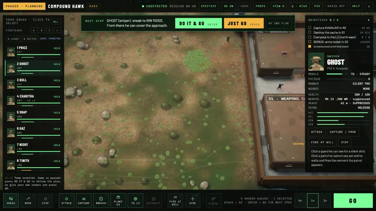 The desktop HUD paused in planning: the squad roster, the next step from Price, the inspector and the GO button over the compound.