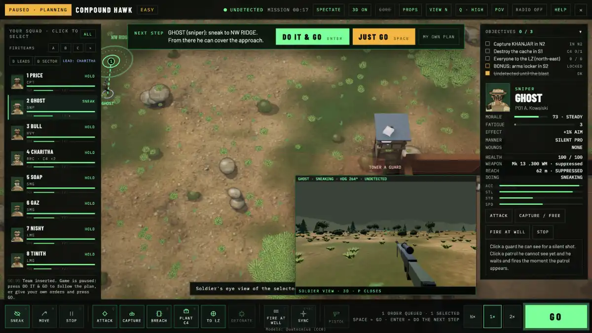 The 3D soldier’s eye view panel open over the tactical map, looking down a sniper rifle.