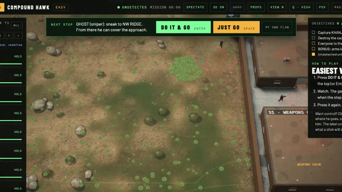 The guide bar at the top of the screen: “GHOST (sniper): sneak to NW RIDGE” with DO IT & GO and JUST GO buttons.