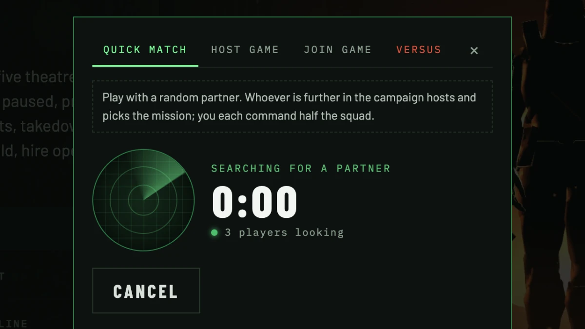 Quick match searching for a partner with a radar sweep and 3 players looking.