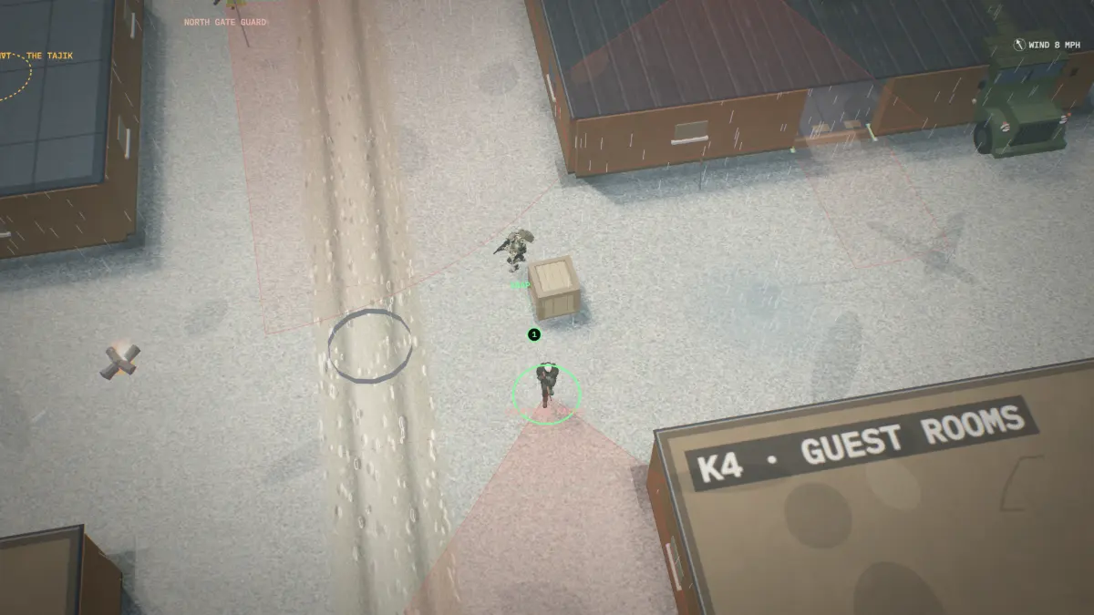 A compound in heavy rain with streaks across the map and an operator moving between buildings.