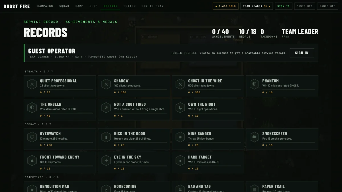 The Records screen with achievements in stealth and combat categories and progress bars.