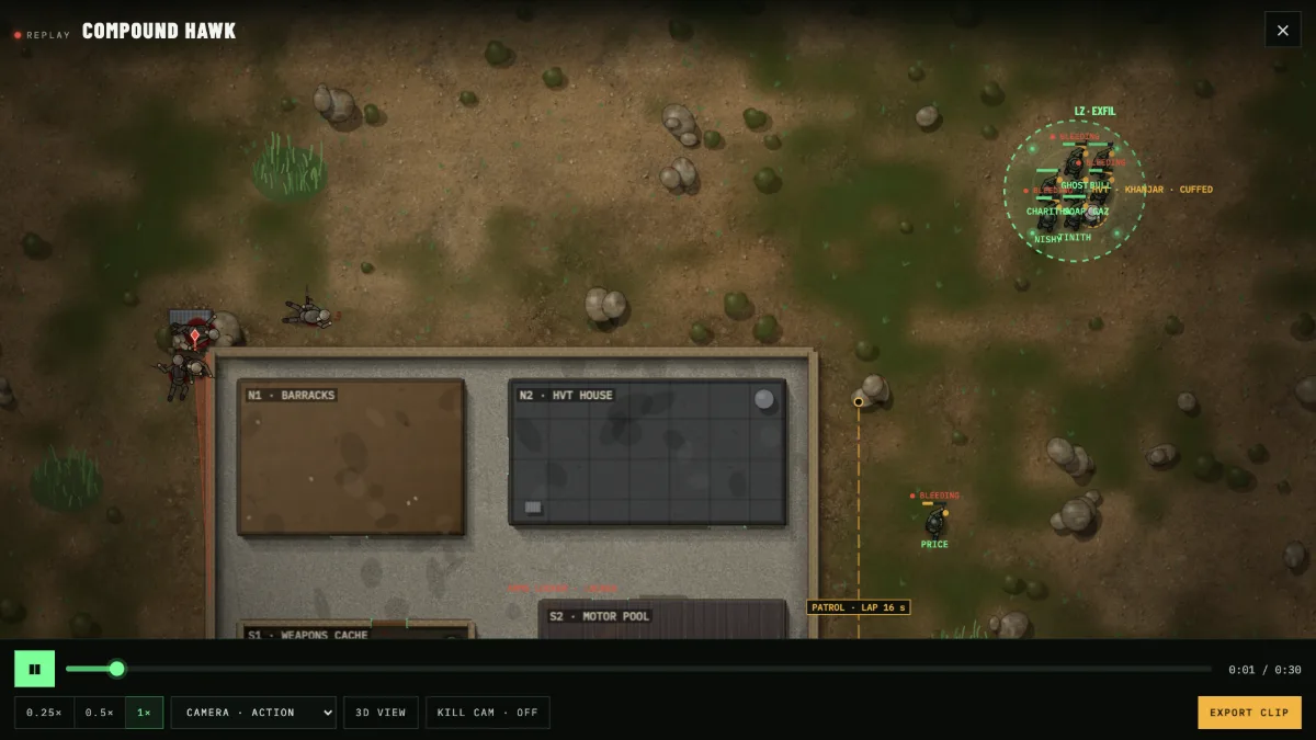 The replay viewer over the compound with a scrub bar, speed buttons and camera options.