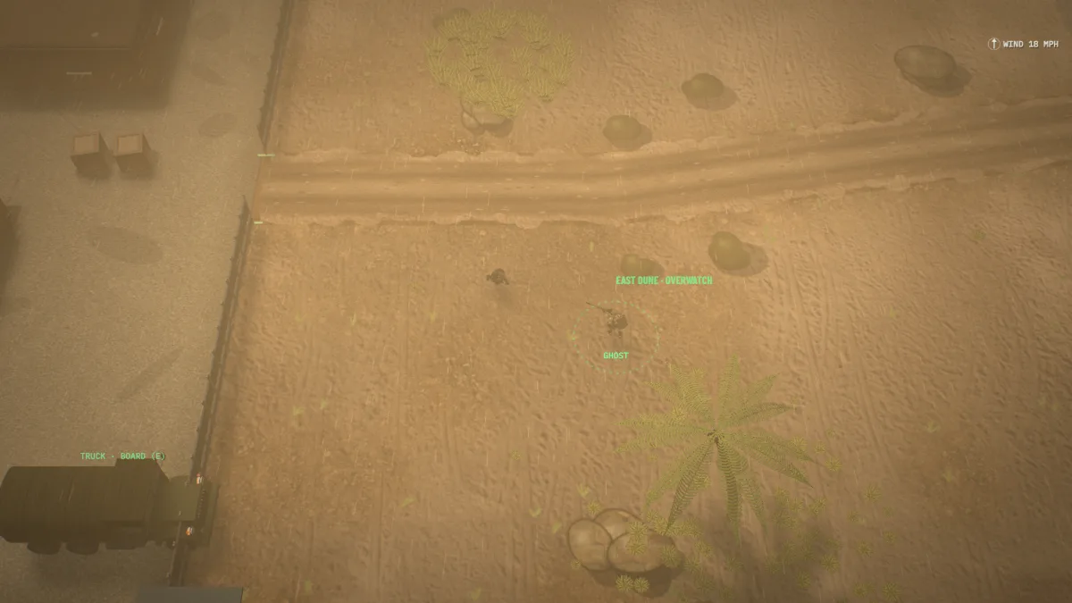 A desert compound almost hidden by a brown sandstorm, the sniper on an overwatch dune.