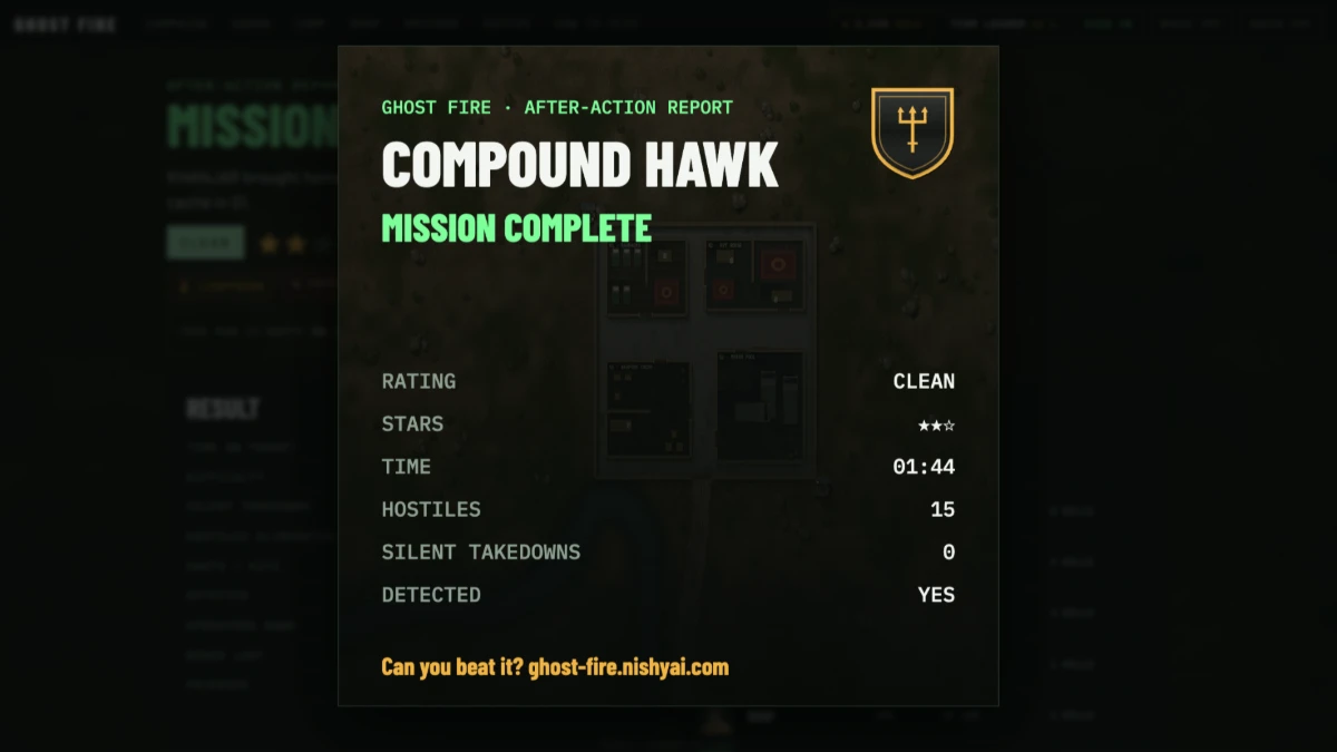 A square after-action card for Compound Hawk: Mission Complete, rating, stars and time.
