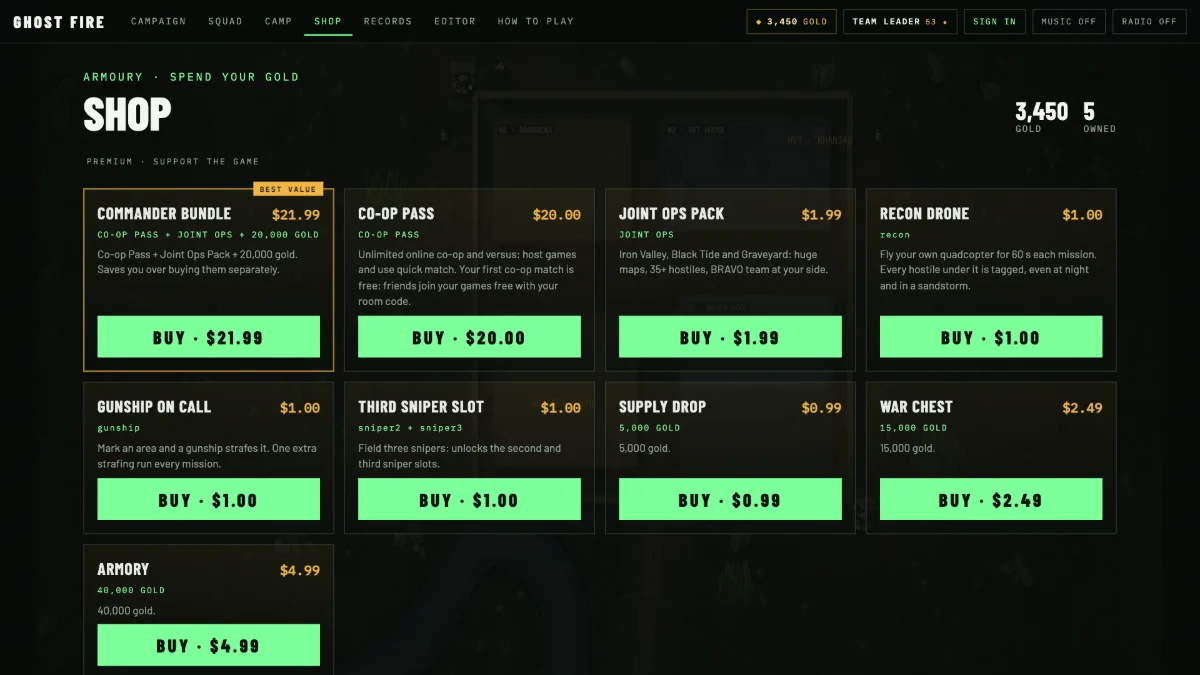 The shop with premium items at the top and gold prices.