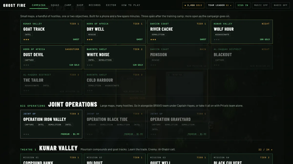 The Short Ops section of the war room with ten small mission cards across all five theatres.