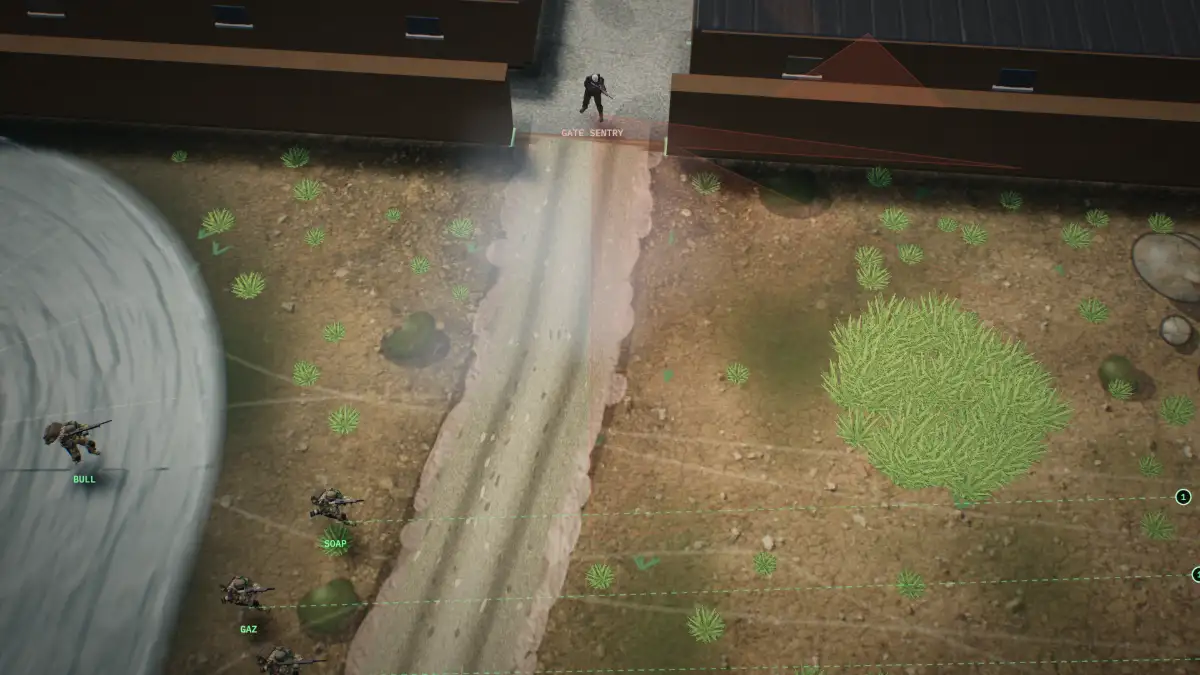 A cloud of smoke cutting the gate sentry’s view while three operators slip across behind it.
