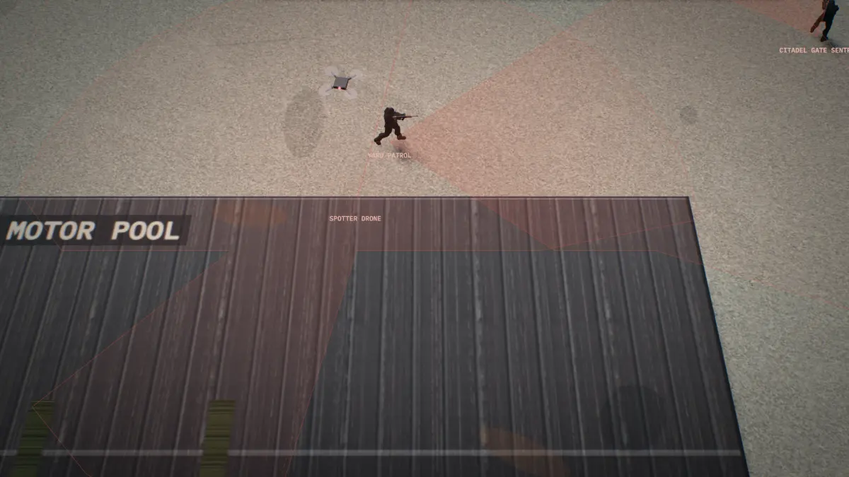 A spotter drone hovering over a yard patrol with its wide vision cone, next to the motor pool.