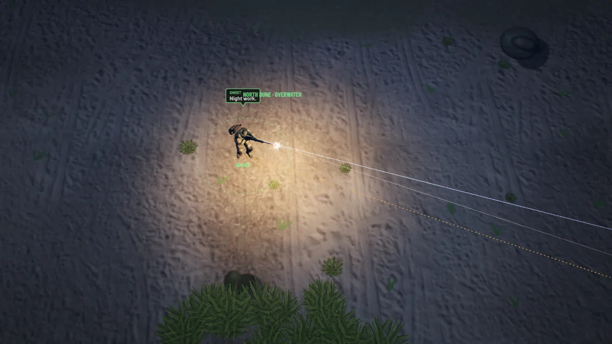 Ghost on the dune at night with a radio bubble: “Night work.”