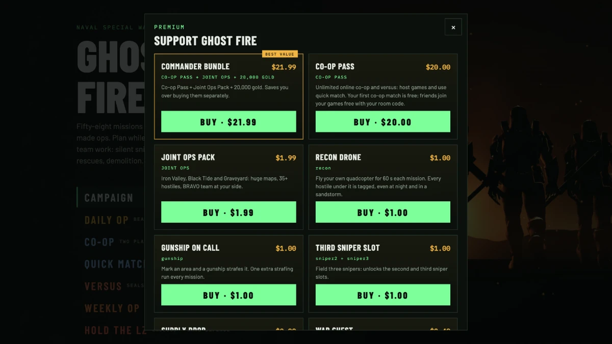 The premium store window with the Commander Bundle marked best value.