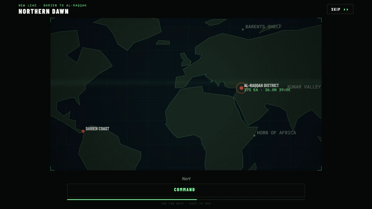 A cutscene map tracing the trail between two theatres in red string.