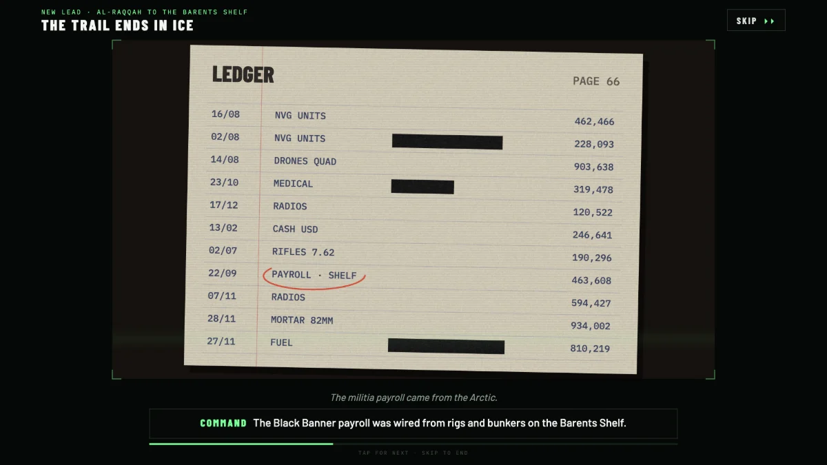 A cutscene showing a page of the ledger with redacted lines and a sword-over-crescent seal circled in red.